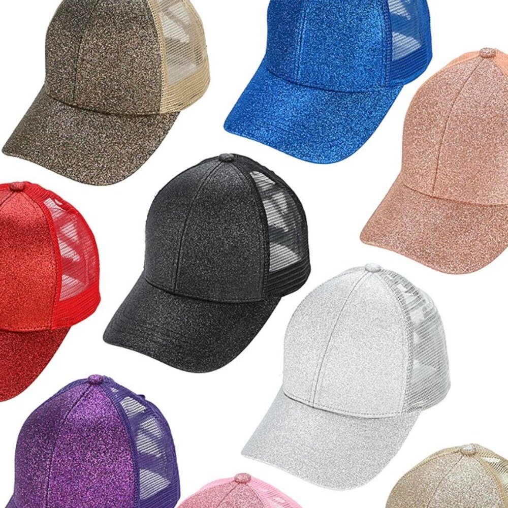 Glitter Mesh Back Criss-Cross Ponytail Baseball Cap Pony Cap